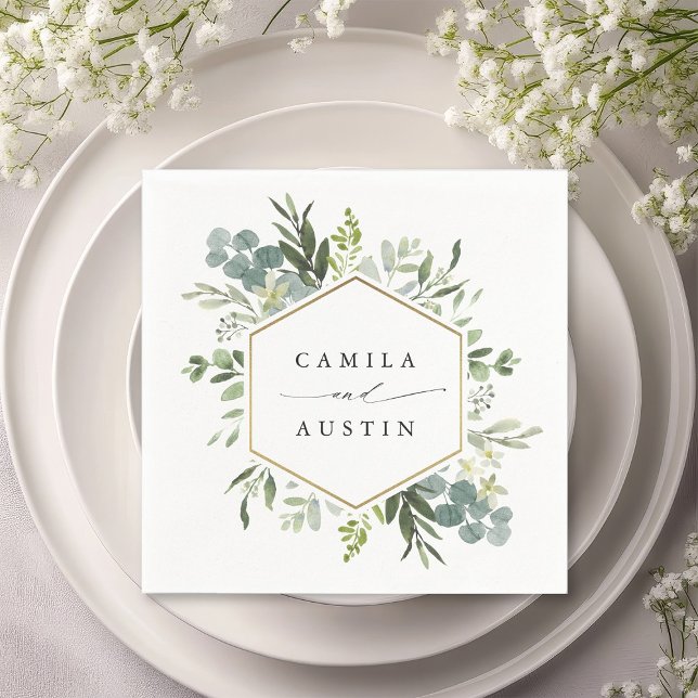 Watercolor Greenery Gold Hexagon Wedding Napkins (Creator Uploaded)