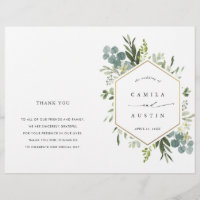 Watercolor Greenery Gold Hexagon Wedding Program