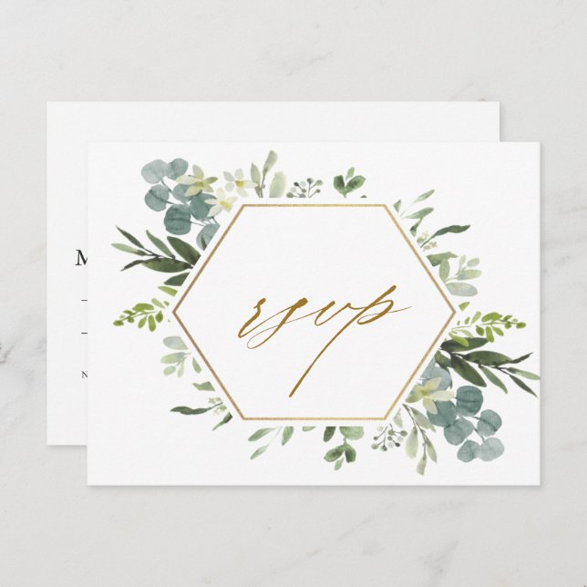 Watercolor Greenery Gold Hexagon Wedding RSVP  Postcard (Front/Back)