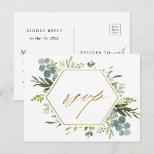 Watercolor Greenery Gold Hexagon Wedding RSVP  Postcard