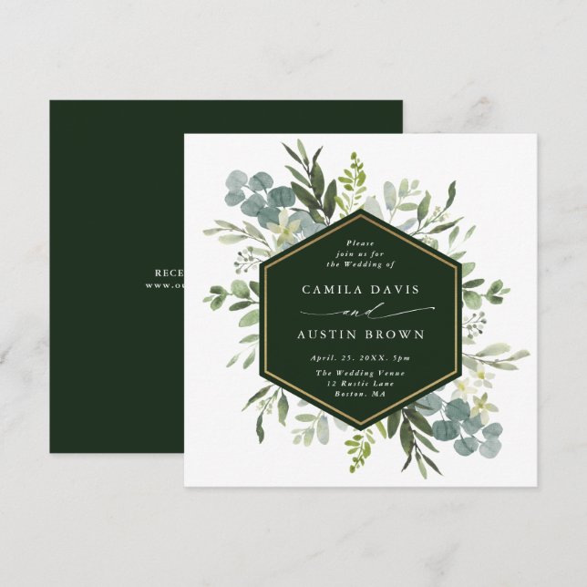 Watercolor Greenery Gold Hexagon Wedding Square Invitation (Front/Back)