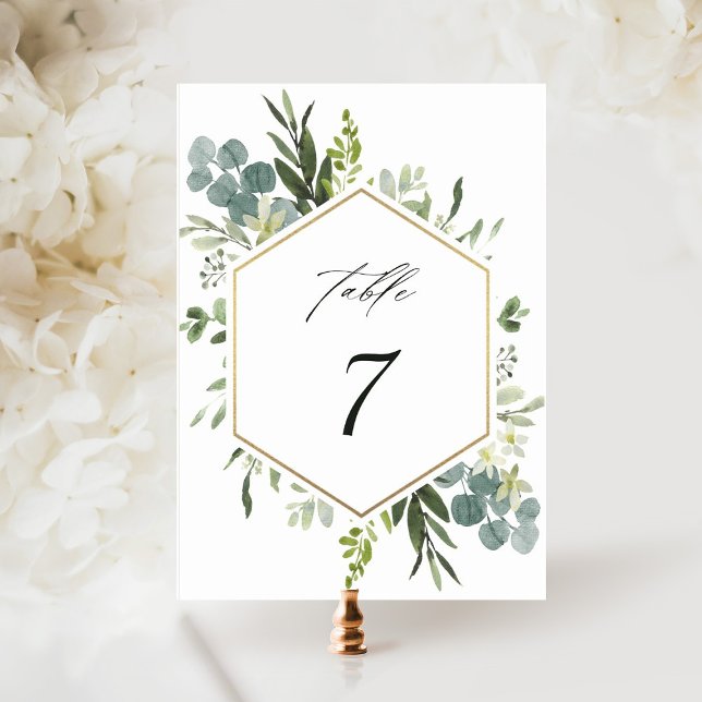 Watercolor Greenery Gold Hexagon Wedding Table Number (Creator Uploaded)