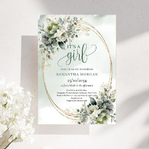 Watercolor Greenery Gold It’s A Girl Invitation