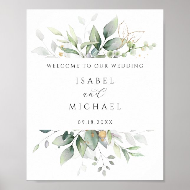 Watercolor Greenery Gold Leaves Wedding Welcome Poster (Front)