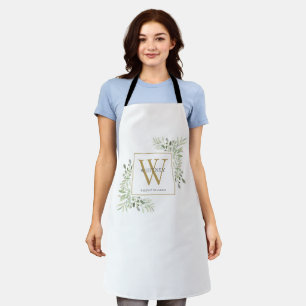 Watercolor Greenery Gold Monogram Apron