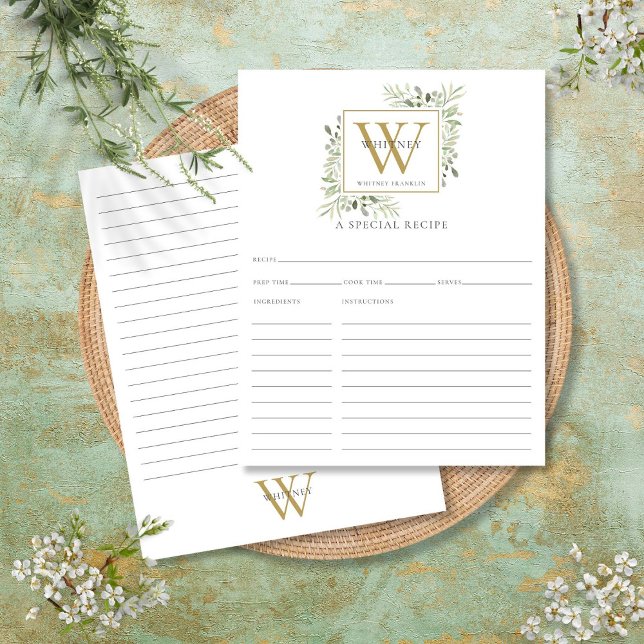 Watercolor Greenery Gold Monogram Recipe Card (Watercolor Greenery Gold Monogram Recipe Card)