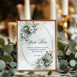 Watercolor Greenery Gold Open Bar Tabletop Sign