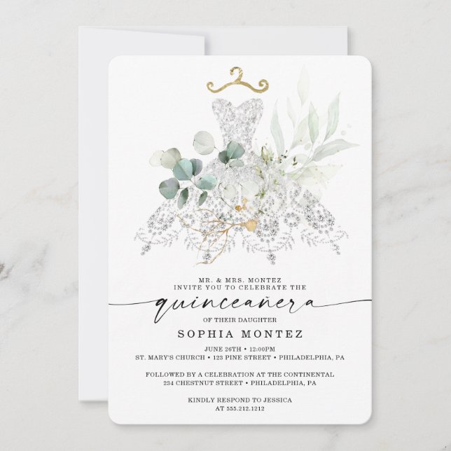 Watercolor Greenery Gold Quinceañera Birthday Invitation (Front)