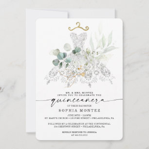 Watercolor Greenery Gold Quinceañera Birthday Invitation