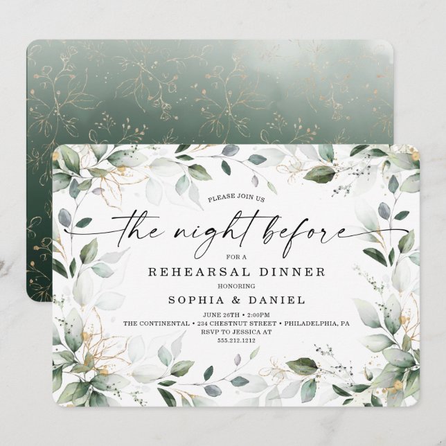 Watercolor Greenery Gold Rehearsal Dinner Invitation (Front/Back)