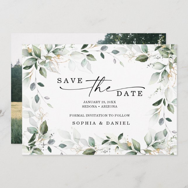 Watercolor Greenery Gold Save The Date Wedding (Front/Back)