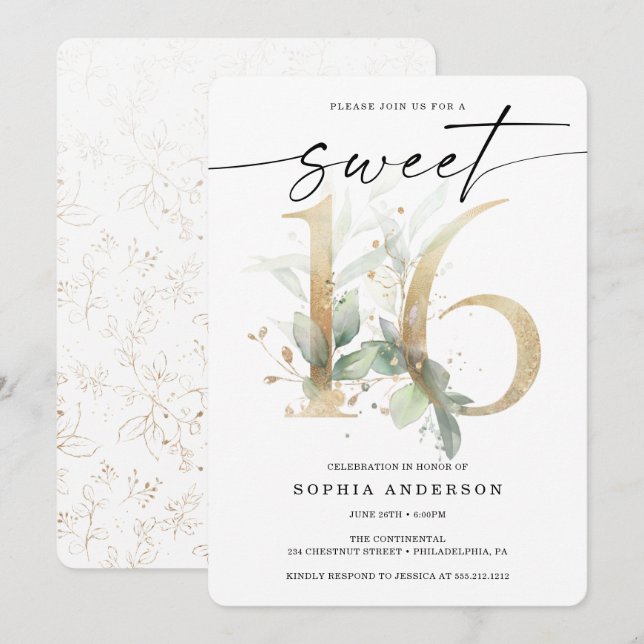 Watercolor Greenery Gold Sweet 16 Birthday Invitation (Front/Back)