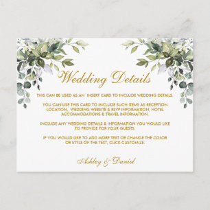 Watercolor Greenery Gold Wedding Details Card