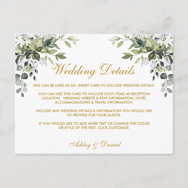 Watercolor Greenery Gold Wedding Details Card (Front)