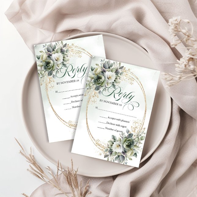 Watercolor Greenery Gold Wedding RSVP Card (Watercolor Greenery Gold Wedding RSVP Card)