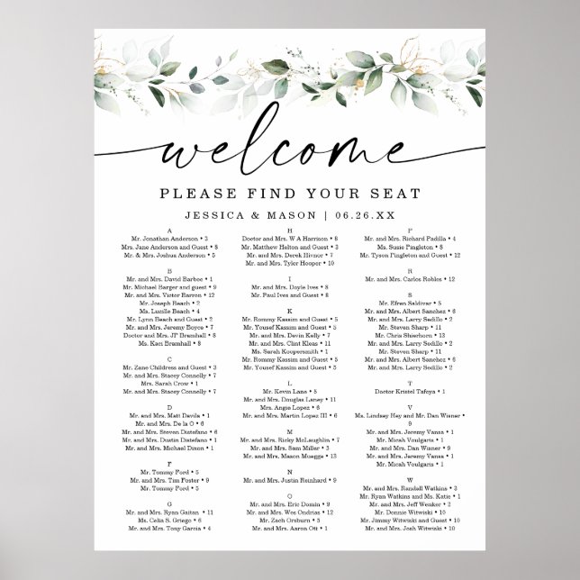Watercolor Greenery Gold Wedding Seating Chart (Front)