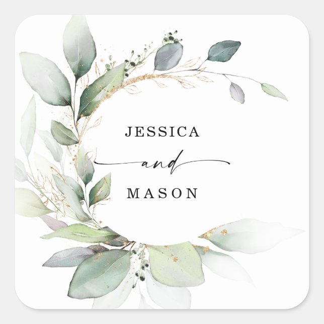 Watercolor Greenery Gold Wedding  Square Sticker (Front)