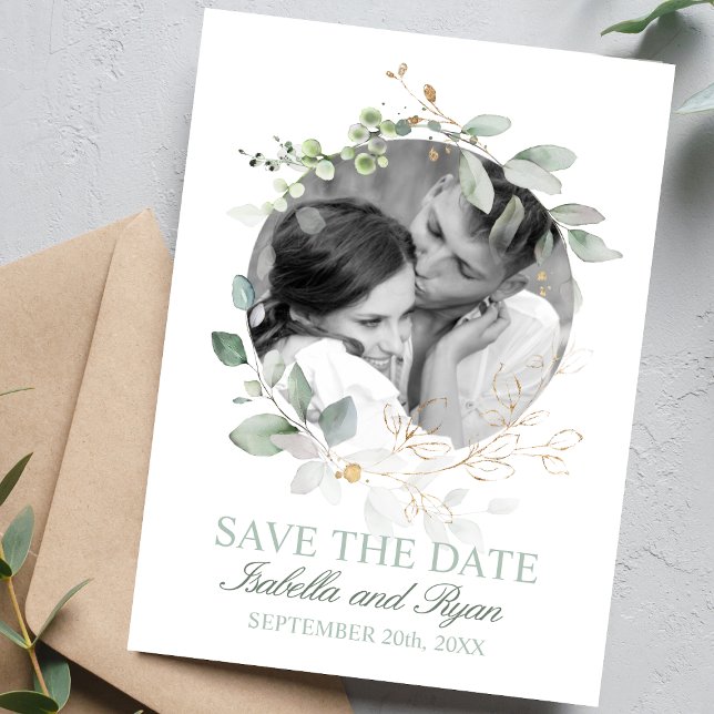 Watercolor Greenery Gold Wreath PHOTO Announcement Postcard (Creator Uploaded)