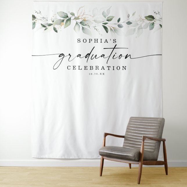 Watercolor Greenery Graduation Photo Prop Backdrop Tapestry (In Situ)