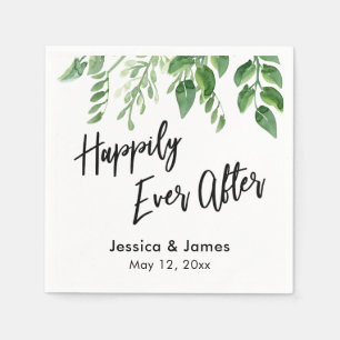 Watercolor Greenery Handwriting Happily Ever After Napkin