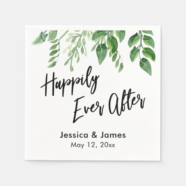 Watercolor Greenery Handwriting Happily Ever After Napkin (Front)