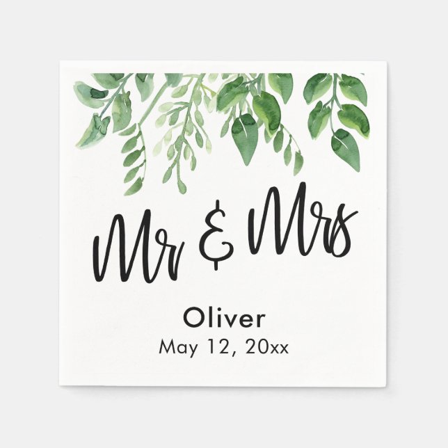 Watercolor Greenery Handwriting Mr & Mrs Napkin (Front)