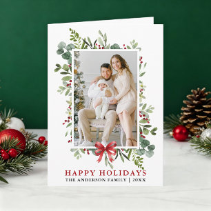 Watercolor Greenery Happy Holidays Red Bow Fold Holiday Card