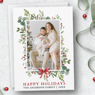 Watercolor Greenery Happy Holidays Red Bow Holiday Card