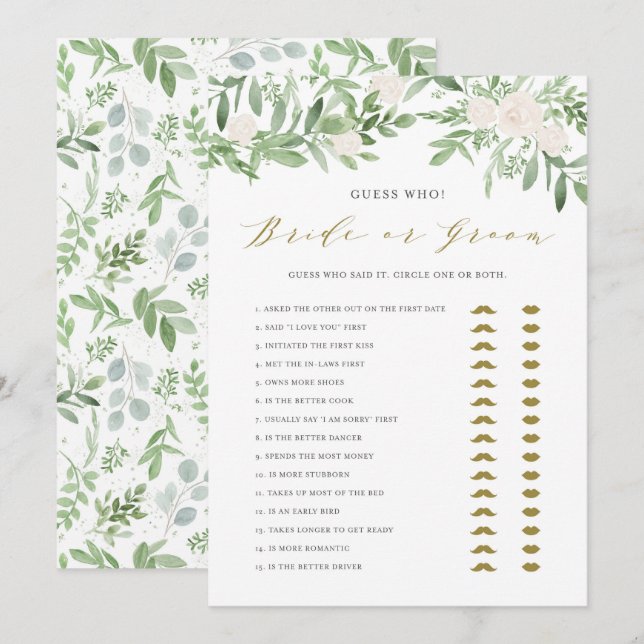 Watercolor Greenery He Said She Said Game Card (Front/Back)