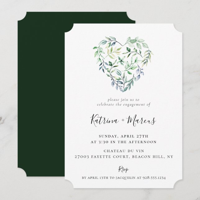 Watercolor Greenery Heart Engagement Party Invitation (Front/Back)