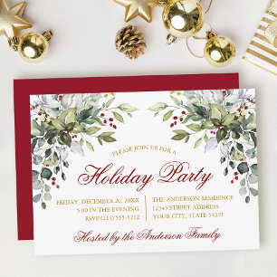 Watercolor Greenery Holiday Party Red Gold Invitation
