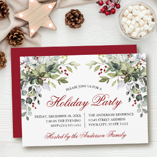 Watercolor Greenery Holiday Party Red Invitation