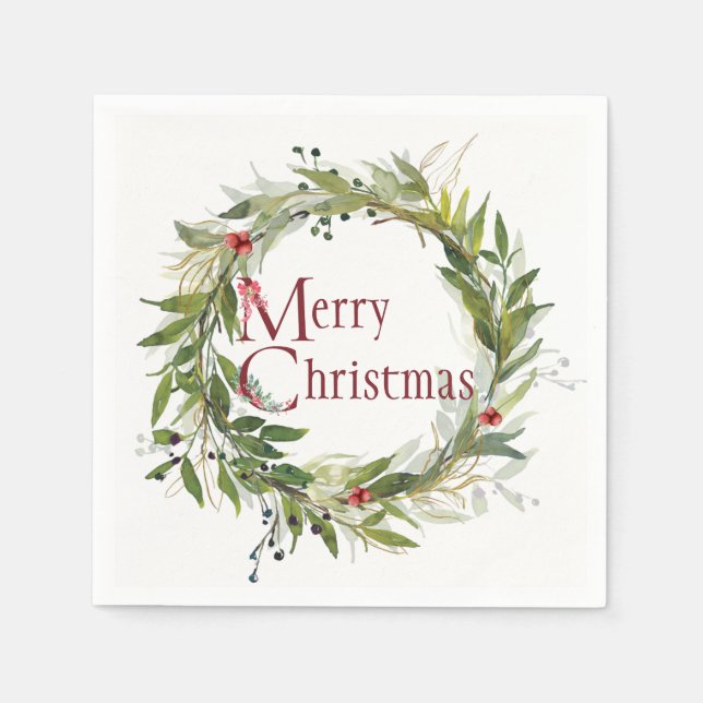 Watercolor Greenery Holiday Wreath Napkin (Front)