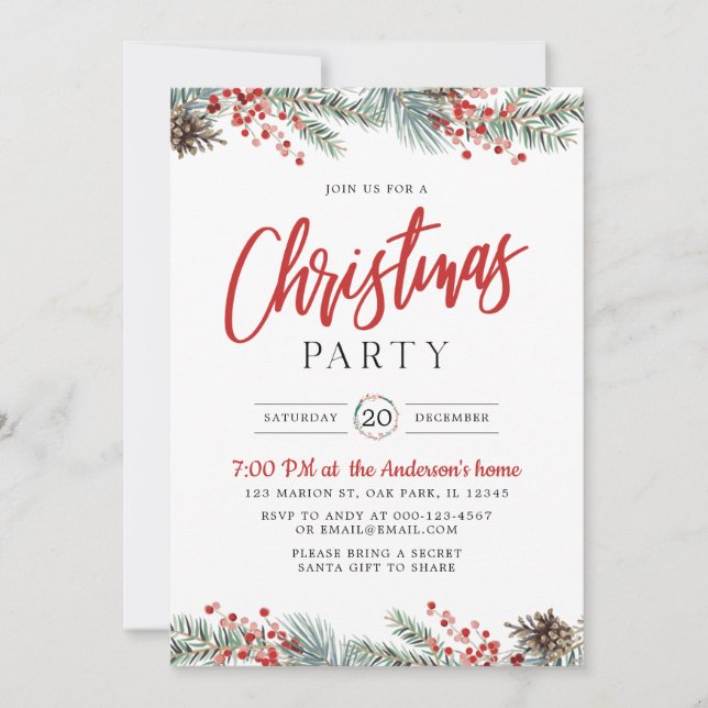 Watercolor Greenery Holly Berry Christmas Party Invitation (Front)