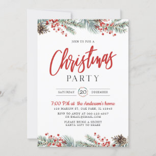Watercolor Greenery Holly Berry Christmas Party Invitation
