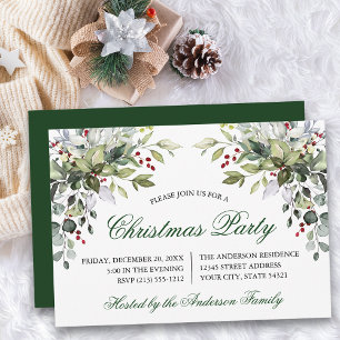 Watercolor Greenery Holly Christmas Party Invitation