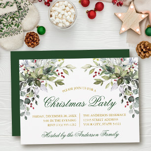 Watercolor Greenery Holly Gold Christmas Party Invitation