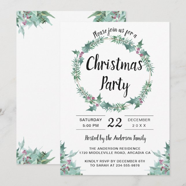 Watercolor Greenery Holly Wreath Christmas Party Invitation (Front/Back)