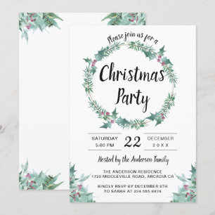 Watercolor Greenery Holly Wreath Christmas Party Invitation