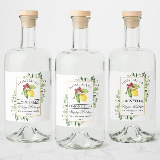 Watercolor Greenery Homemade Limoncello Holiday  Liquor Bottle Label (Bottles)