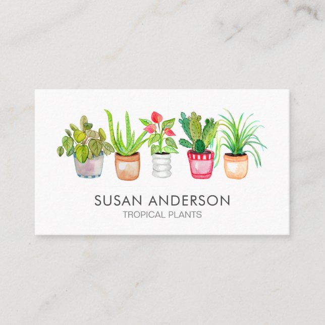 Watercolor Greenery Houseplants Nursery Business Card (Front)