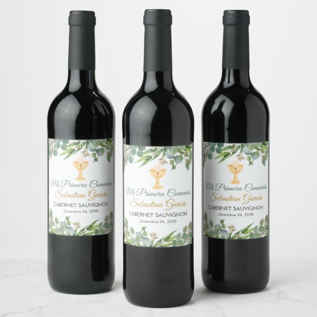 Watercolor Greenery in Spanish First Communion  Wine Label (Bottles)