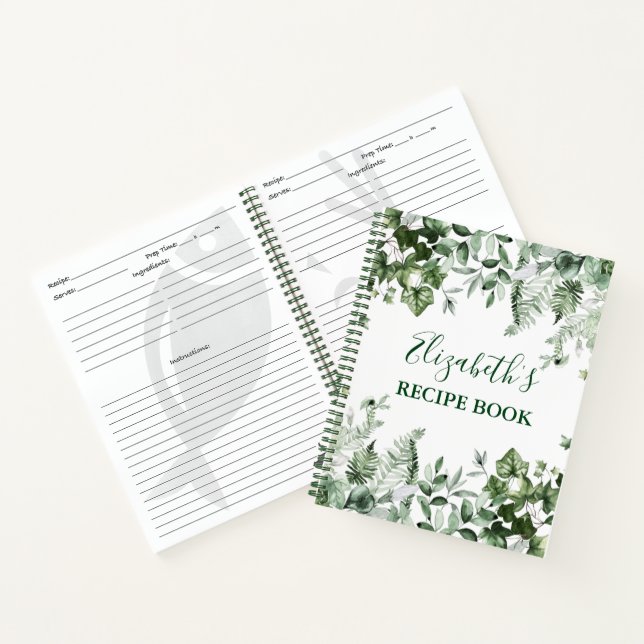Watercolor Greenery Ivy Ferns Sage Recipe Notebook (Inside)