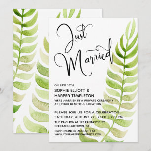 Watercolor Greenery Just Married Post-Wedding Invitation
