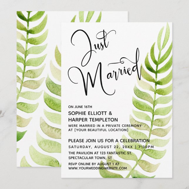 Watercolor Greenery Just Married Post-Wedding Invitation (Front/Back)