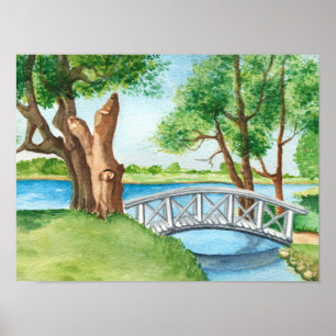 Watercolor Greenery Lake Trees Poster Print