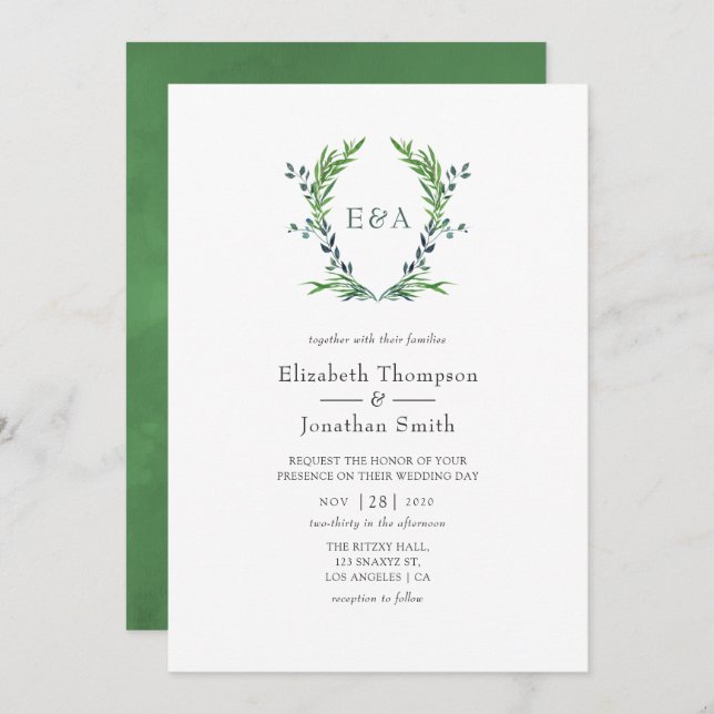 Watercolor Greenery Laurel Crest Monogram Wedding Invitation (Front/Back)
