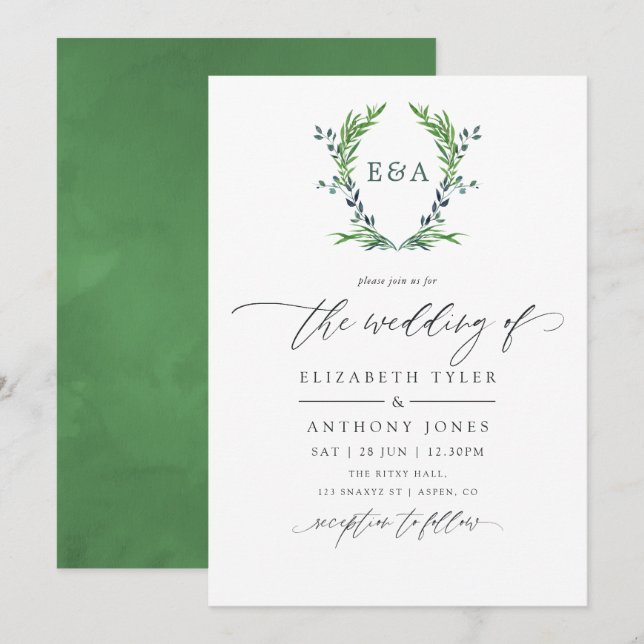 Watercolor Greenery Laurel Crest Monogram Wedding Invitation (Front/Back)