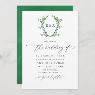 Watercolor Greenery Laurel Crest Monogram Wedding Invitation