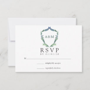 Watercolor Greenery Laurel Crest Monogram Wedding RSVP Card